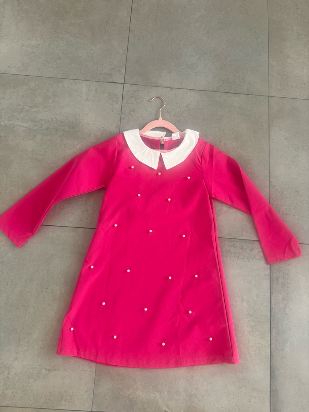 Girls' Pink Pearl-Accent Dress with White Peter Pan Collar